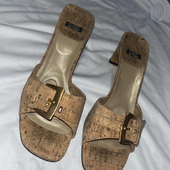 Stuart Weitzman Cork Gold Heels Size 8 - Picture 2 of 10